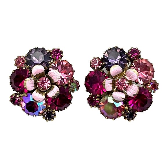 Vintage Weiss AB Aurora Borealis Rhinestone Cluster Clip On Earrings Signed - Picture 1 of 8